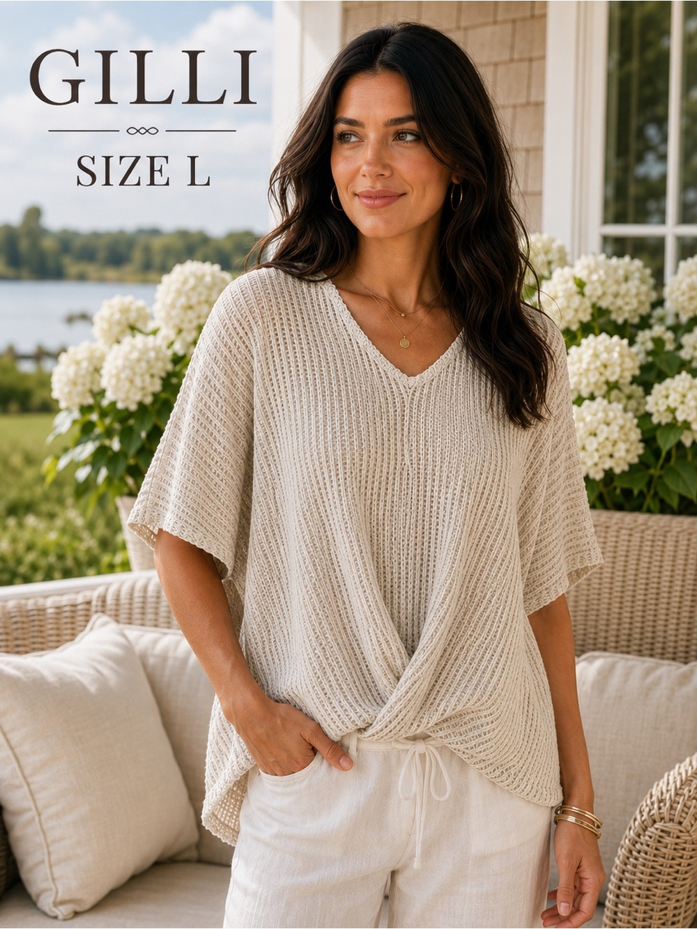 GILLI Size L Oatmeal Twist Front Knit Top Oversized Boho Coastal